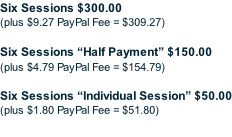 Six Sessions $300.00 (plus $9.27 PayPal Fee = $309.27)  Six Sessions “Half Payment” $150.00 (plus $4.79 PayPal Fee = $154.79)   Six Sessions “Individual Session” $50.00 (plus $1.80 PayPal Fee = $51.80)